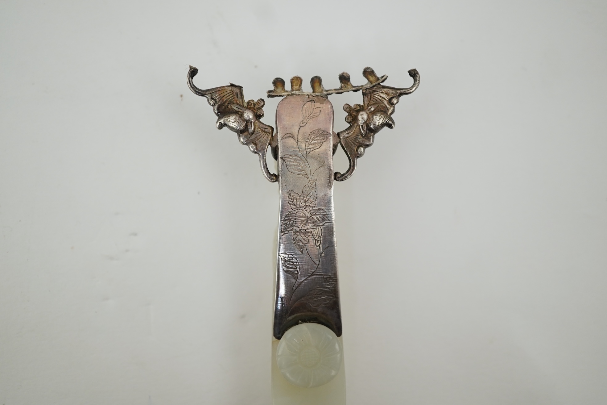 A Chinese jade and cabochon mounted hand mirror, the jade 18th/19th century